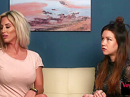 Cute voyeur babes watching guy jerking